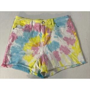 JUDY BLUE Stretch Denim Shorts Pastel Tie Dye Cut Off Raw Hem Women's SZ MED